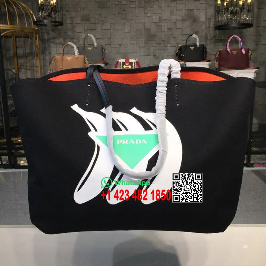 Prada Kanvas Pisang Tote Bag 42Cm 1bg220 Kanvas Musim Semi/Musim Panas 2018 Koleksi Hitam