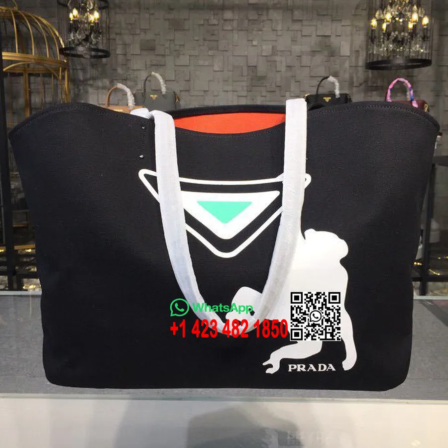 Prada Kanvas Monkey Tote Bag 42Cm 1bg220 Kanvas Musim Semi/Musim Panas 2018 Koleksi Hitam