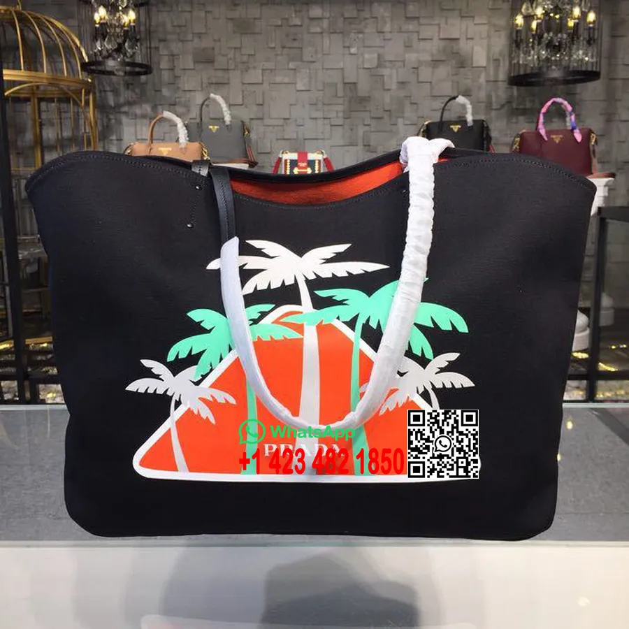 Prada Kanvas Pantai Tote Bag 42Cm 1bg220 Kanvas Musim Semi/Musim Panas 2018 Koleksi Hitam