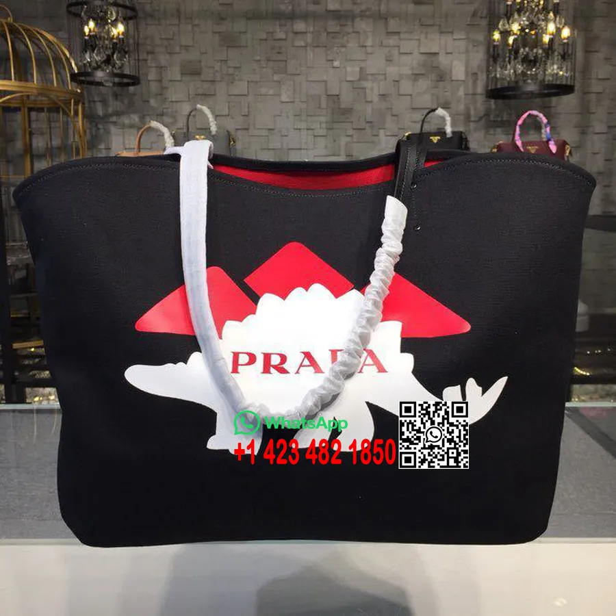 Prada Canvas Dinosaur Tote Bag 42cm 1bg220 Canvas Vår/sommer 2018 Kolleksjon Svart