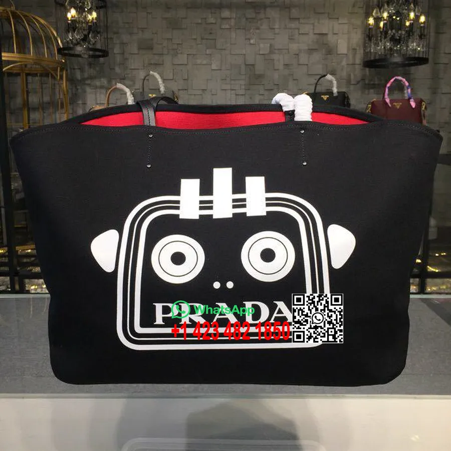 Prada Canvas Robot Tote Bag 42cm 1bg220 Canvas Vår/sommer 2018 Kolleksjon Svart