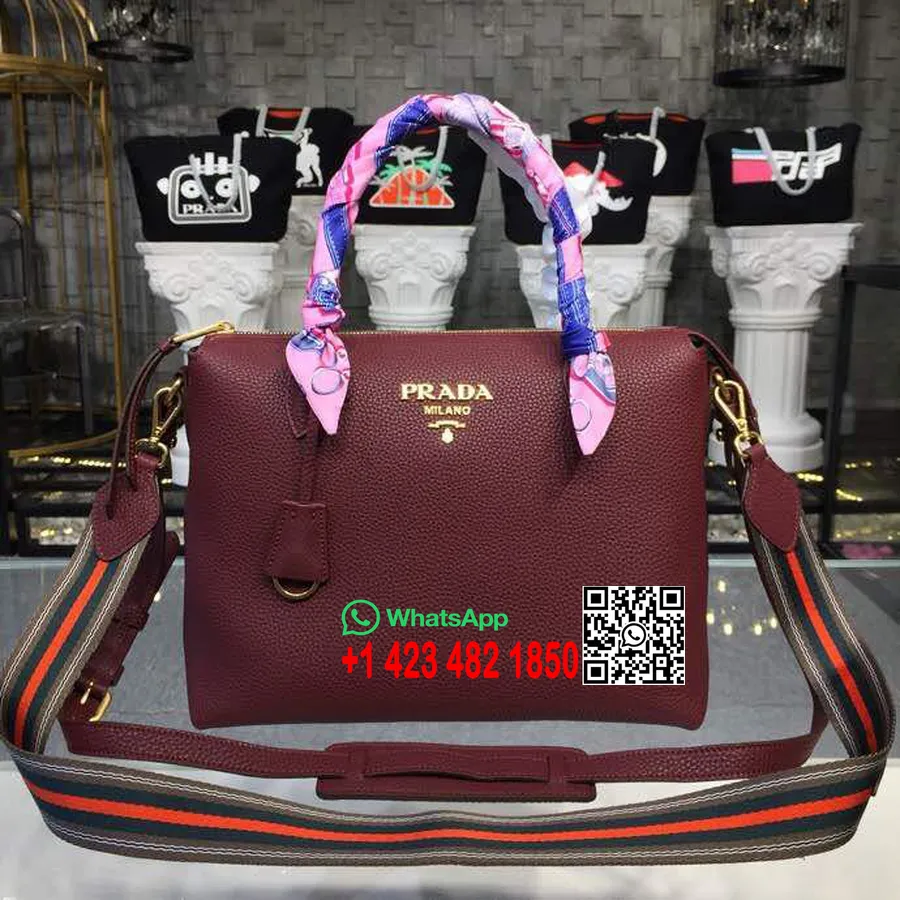 Prada Daino Tote Bag 31cm 1ba157 Kalvskinn Läder Vår/sommar 2018 Kollektion Vinröd