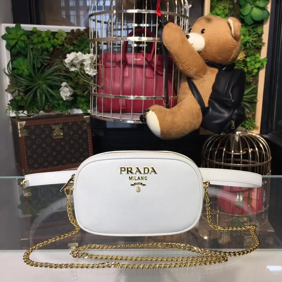 Prada Saffiano Fanny Pack Tas 20cm Dengan Rantai 1bl007 Kulit Anak Sapi Koleksi Musim Semi/musim Panas 2018 Putih