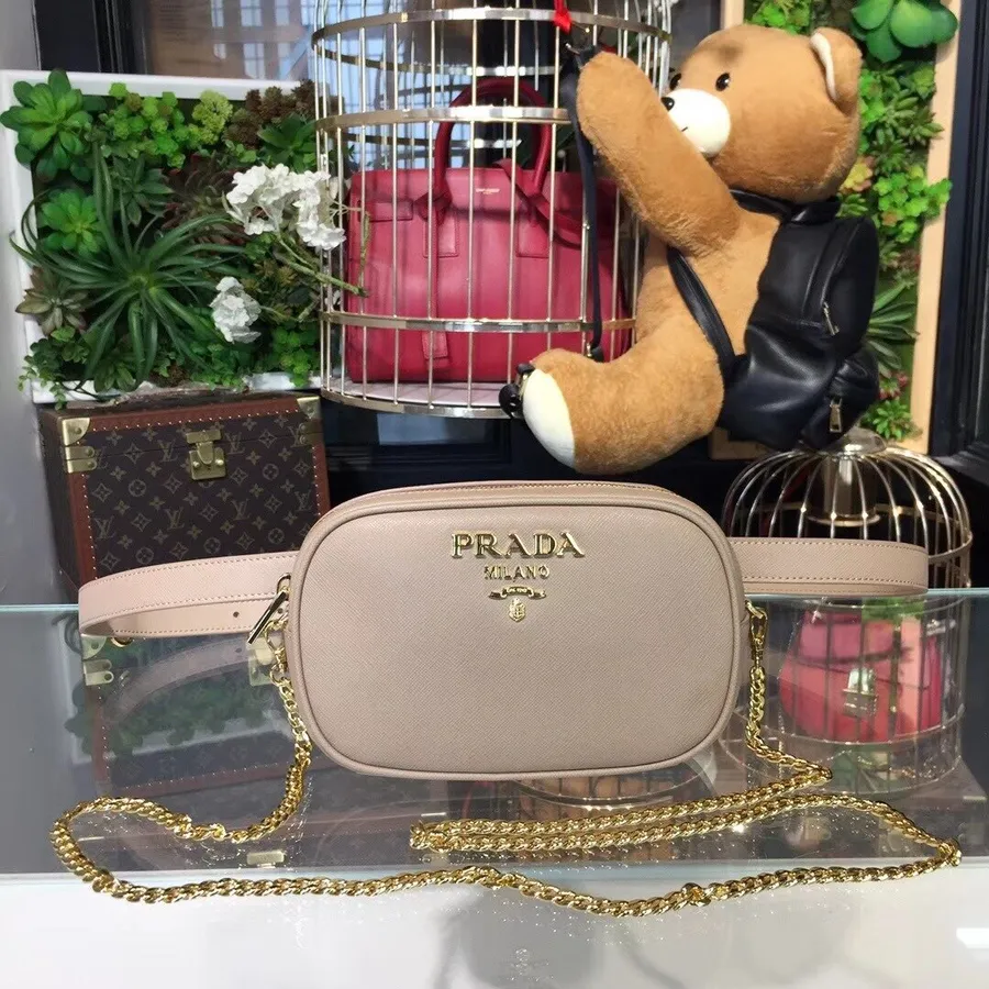 Prada Saffiano Sac Banane 20cm Sac Avec Chaîne 1bl007 Cuir De Veau Collection Printemps/été 2018 Beige