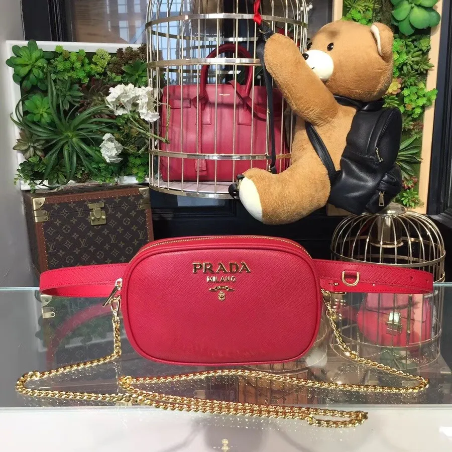 Prada Saffiano Fanny Pack Tas 20cm Dengan Rantai 1bl007 Kulit Anak Sapi Koleksi Musim Semi/musim Panas 2018 Merah