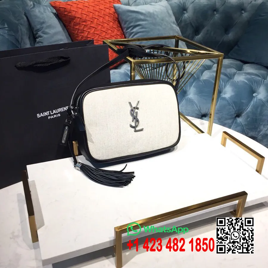 Saint Laurent Ysl Monogram Lou Camera Bag 23cm Toile/cuir De Veau Matériel Argenté Collection Printemps/été 2019, Noir/blanc