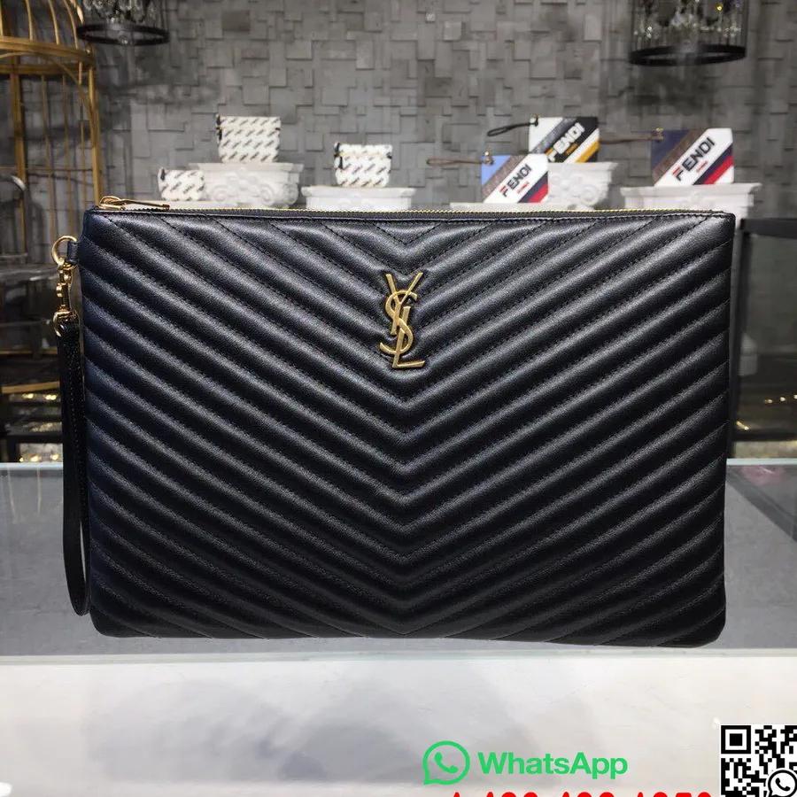 Saint Laurent Pochette Chevron Ysl 36cm Cuir De Veau Matériel Doré Collection Automne/hiver 2018, Noir