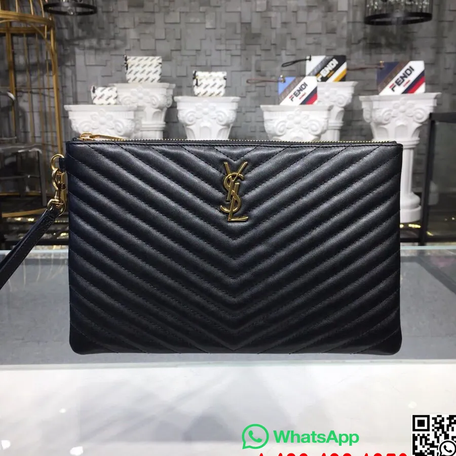 Saint Laurent Pochette Chevron Ysl 30cm Cuir De Veau Matériel Doré Collection Automne/hiver 2018, Noir