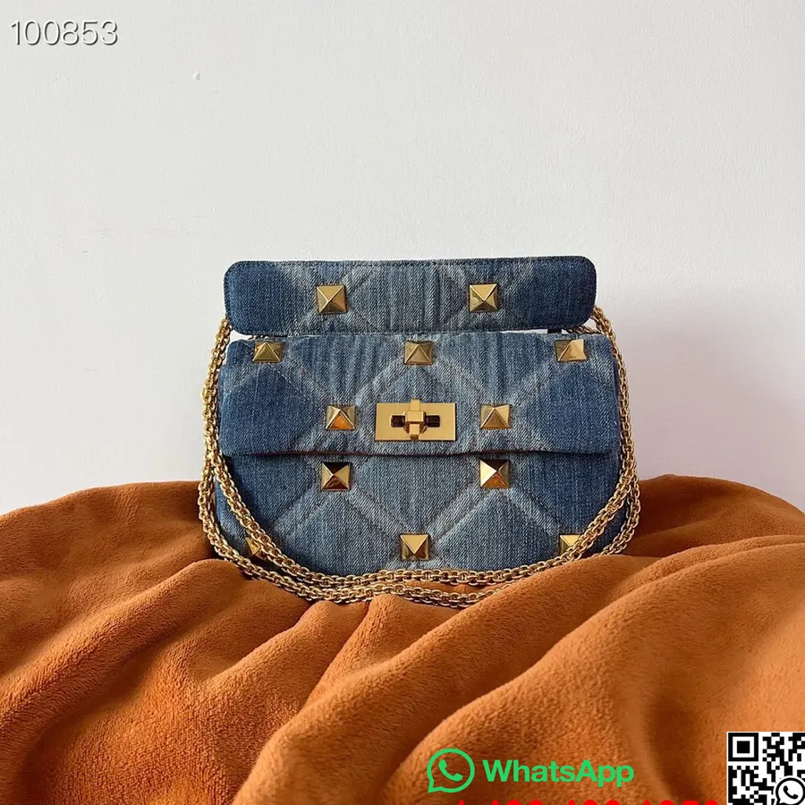 Valentino Garavani Roman Stud Tas Bahu 25cm Dengan Rantai Kulit Domba Kulit Nappa Koleksi Musim Gugur/dingin 2022, Denim Biru