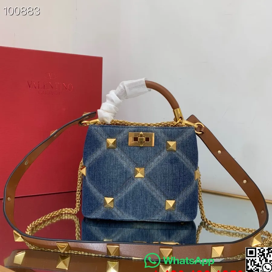 Valentino Garavani Roman Stud The Handle Bag 25 Cm Lammeskinn Nappa Skinn Høst/vinter 2022 Kolleksjon, Denimblå