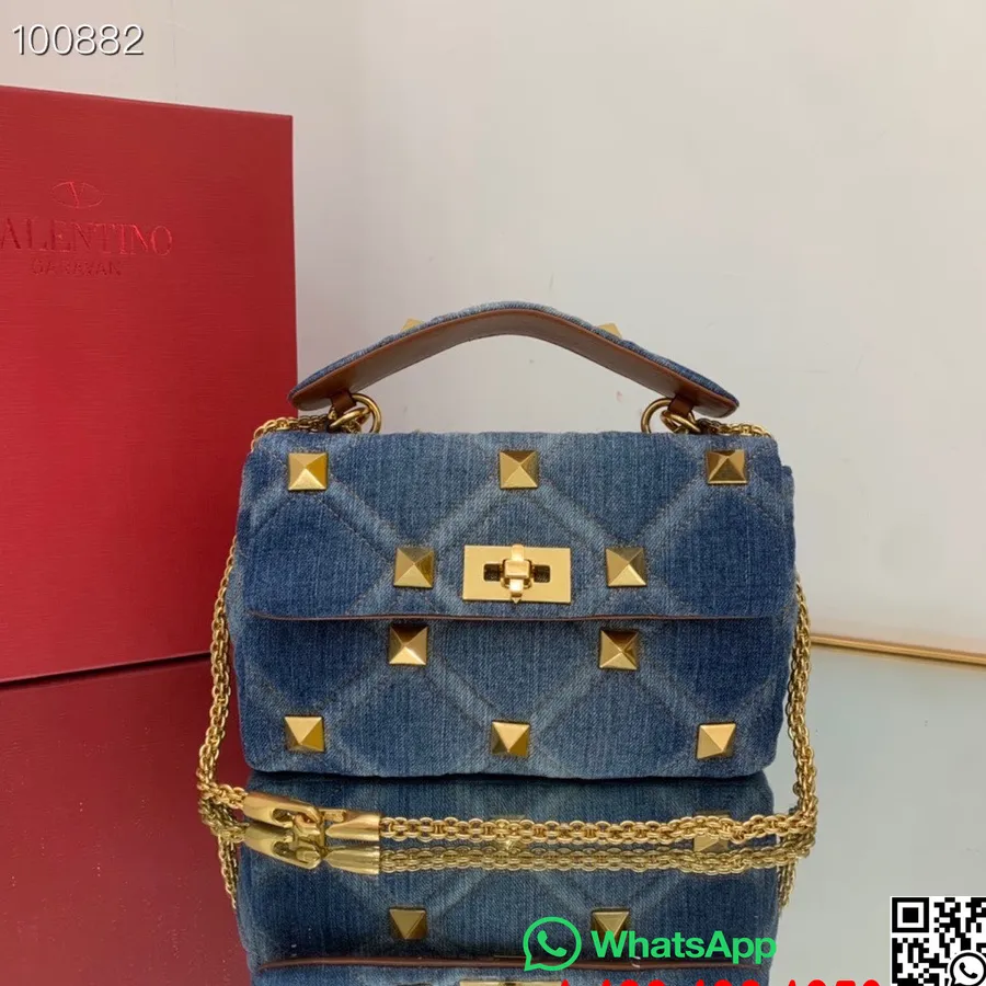 Valentino Garavani Roman Stud Tas Bahu 25cm Dengan Rantai Kulit Domba Kulit Nappa Koleksi Musim Gugur/dingin 2022, Denim Biru