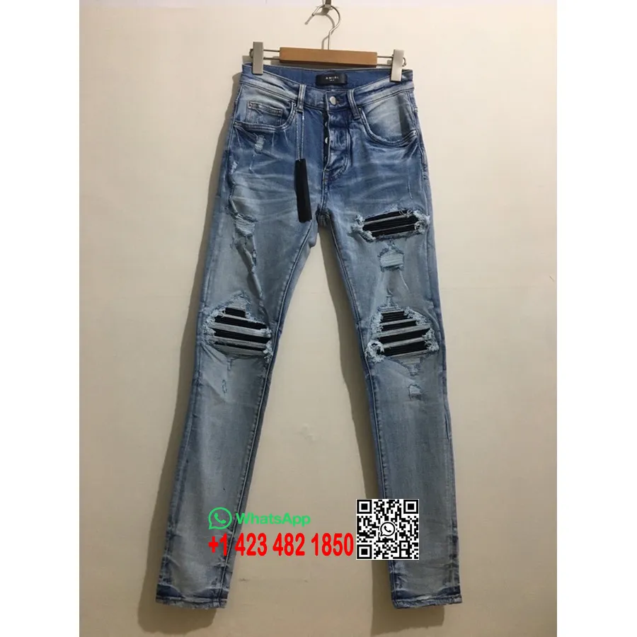 Amiri Rockstar Patch Ripped Double Knee Washed Skinny Leg Denim Jeans Spring/Summer 2022 Collection, Light Blue