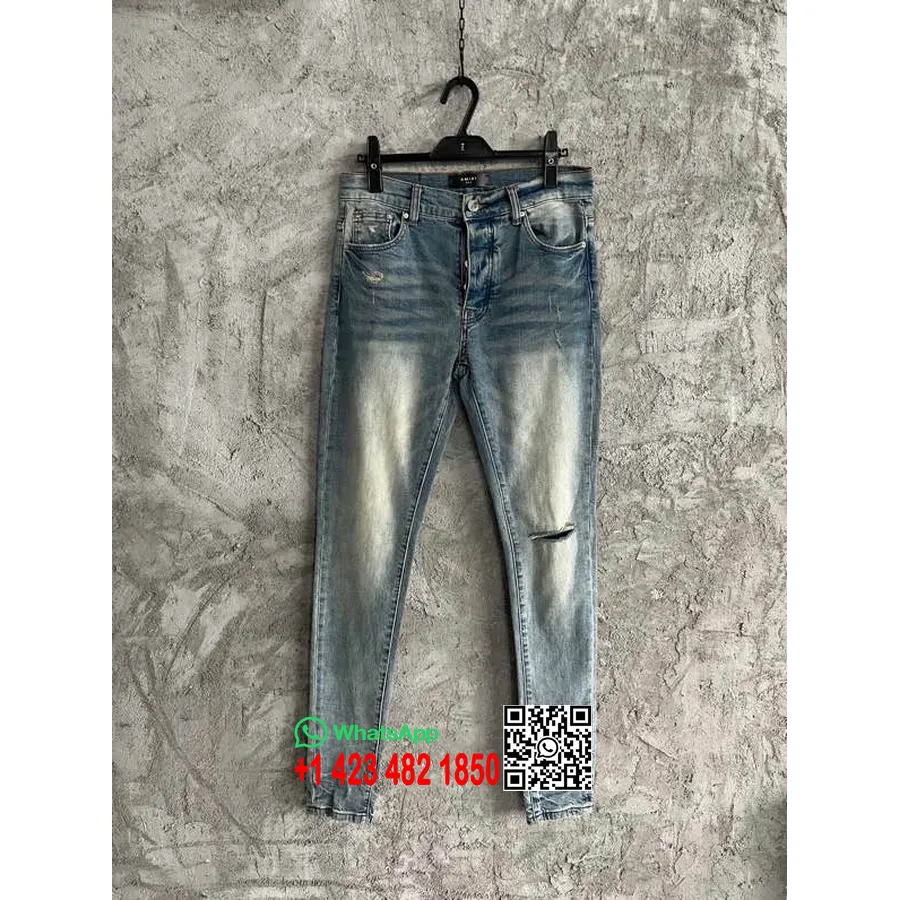 Blugi Din Denim Cu Picior Skinny Rupti Stone Washed Amiri Colectia Primavara/vara 2022, Albastru