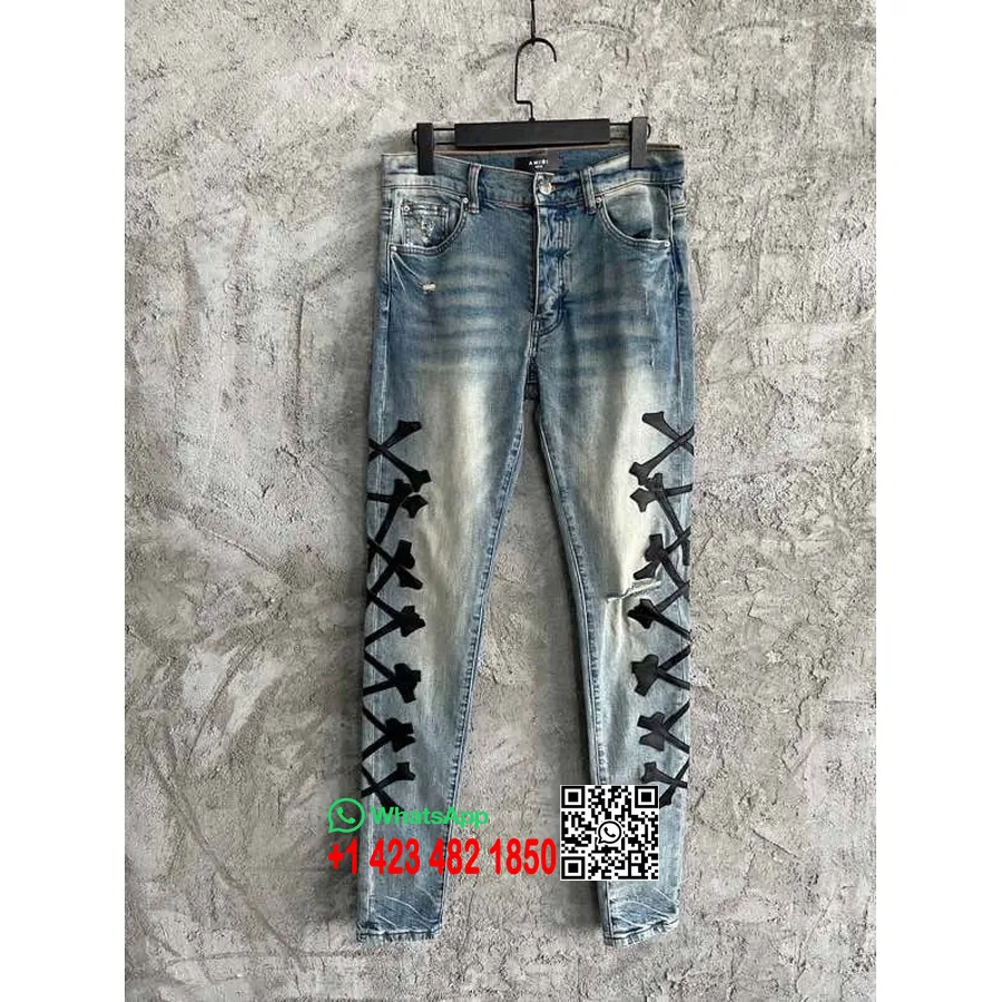 Jeans Amiri Crossbones Con Applicazioni In Denim, Collezione Primavera/estate 2022, Blu