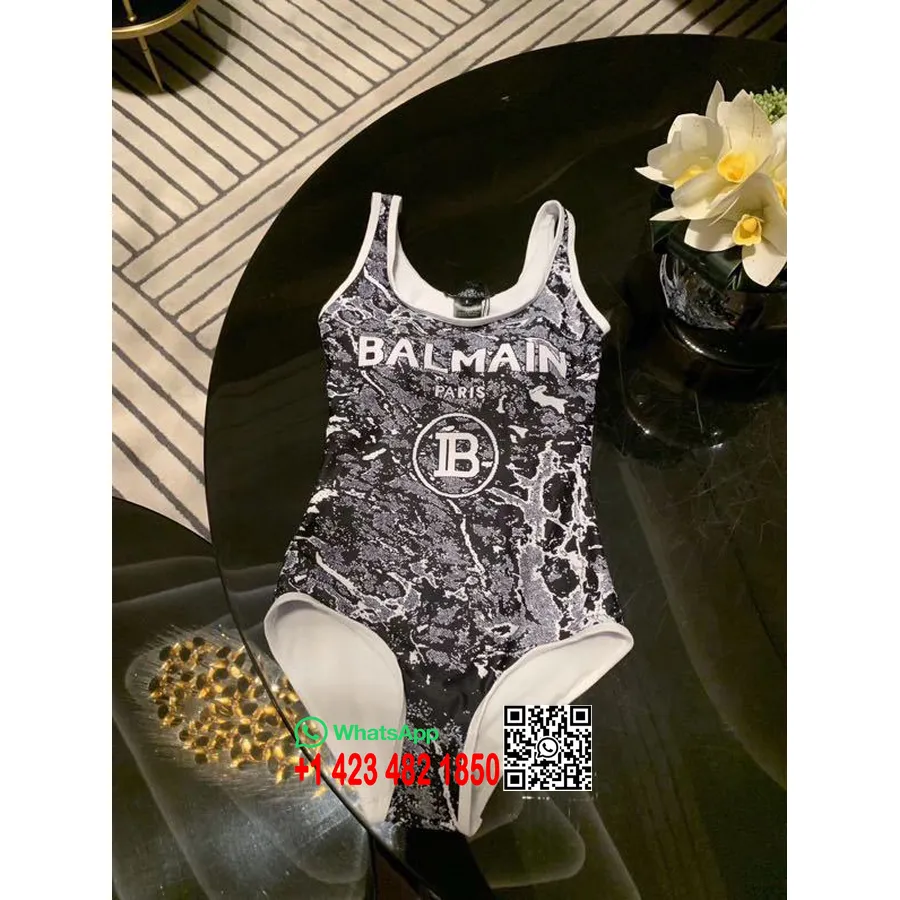 Сплошной купальник Balmain с принтом, коллекция весна-лето 2020, черный