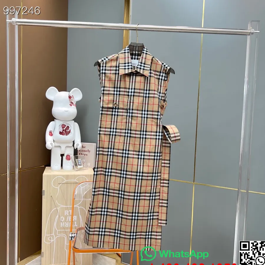 Burberry Boutonné Plissé à Carreaux Nouer Robe Sans Manches En Coton Collection Automne/hiver 2022, Marron Clair