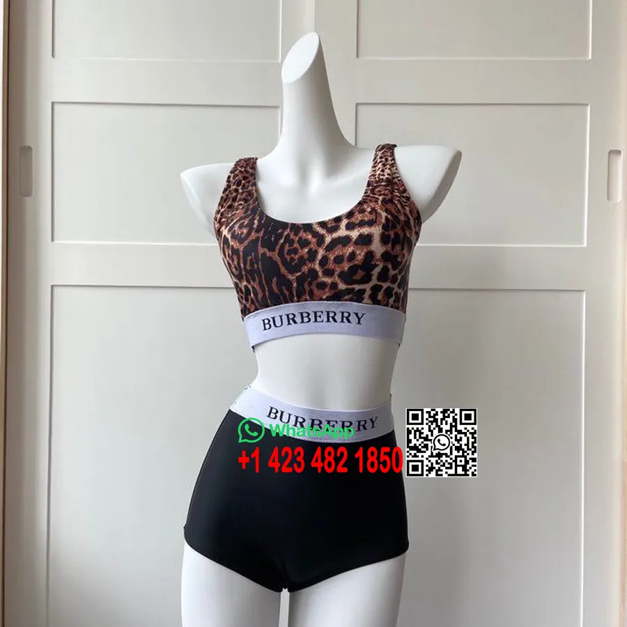 Maillot De Bain Bikini Deux Pièces Imprimé Léopard Burberry, Collection Printemps/été 2020, Noir