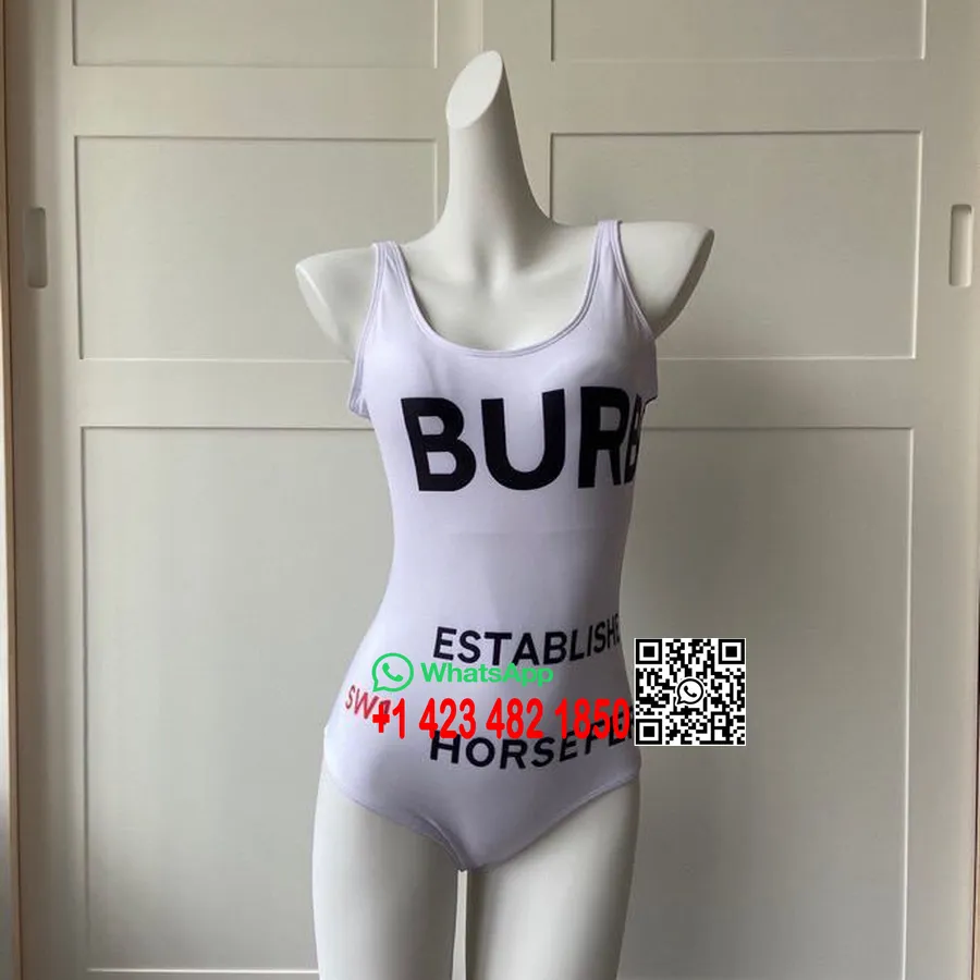 Maillot De Bain Bikini Une Pièce Imprimé Burberry Horseferry, Collection Printemps/été 2020, Blanc