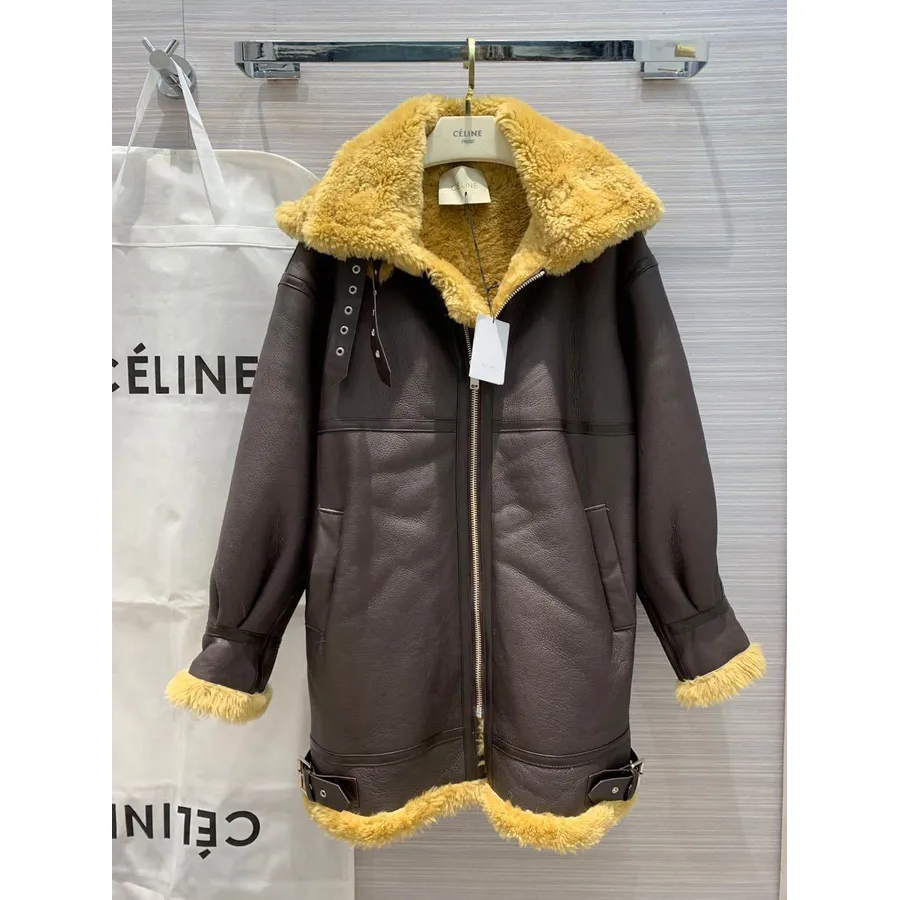 Celine Merino Shearling Uld Lammeskind Læder Foring Frakke Efterår/vinter 2019 Kollektion, Mørkebrun/tan