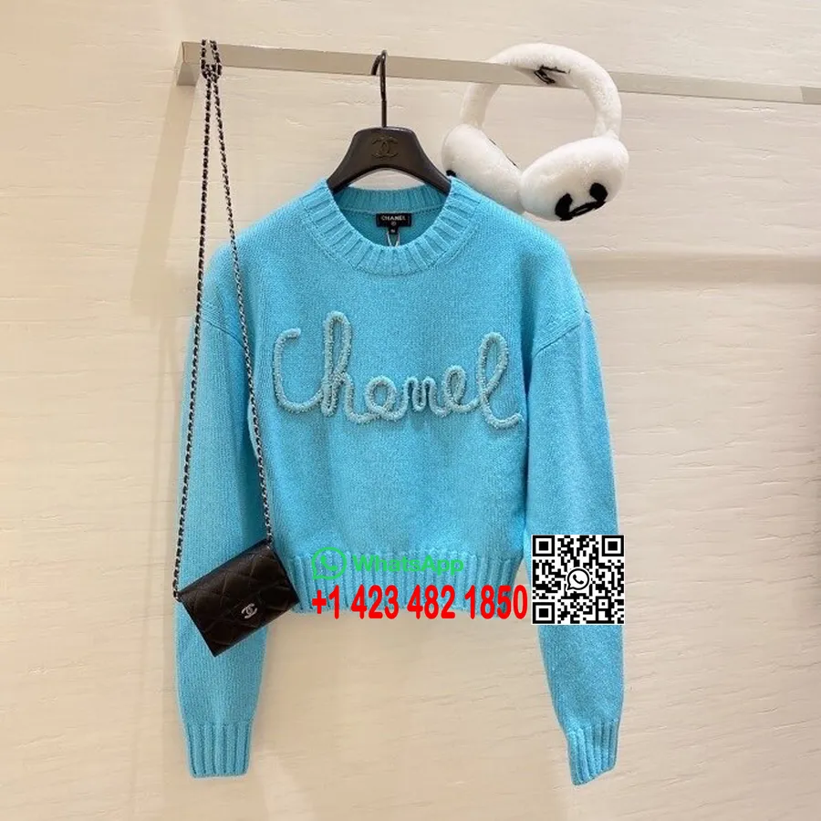 Pull En Maille Brodée De Perles Chanel Femme Collection Automne/hiver 2020, Bleu