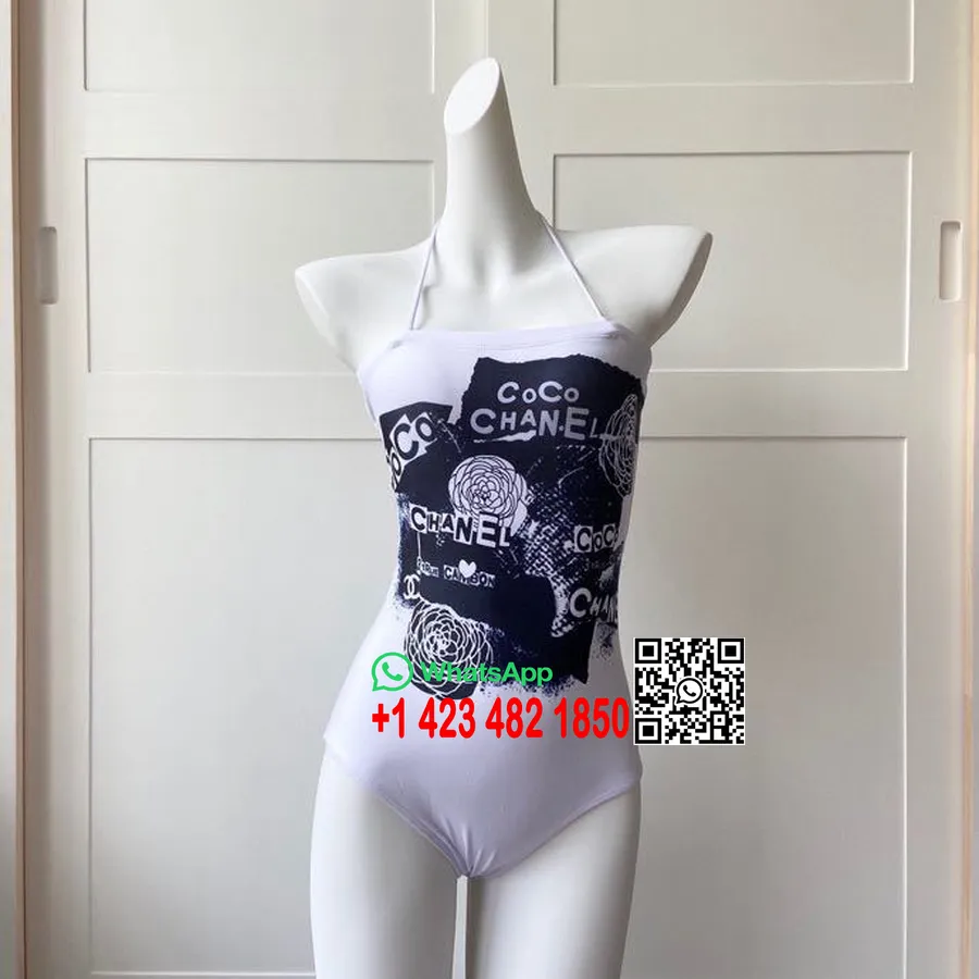 Chanel Coco Logo Einteiliger Bikini-Badeanzug, Frühjahr/Sommer-Kollektion 2020, Schwarz/Weiß