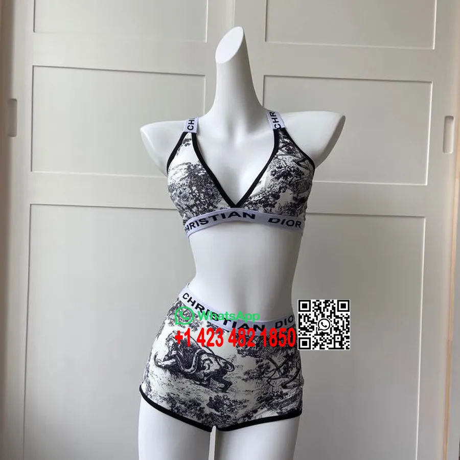 Christian Dior Toile De Jouy Tvådelad Bikini Baddräkt Vår/sommar 2020 Kollektion, Svart/vit