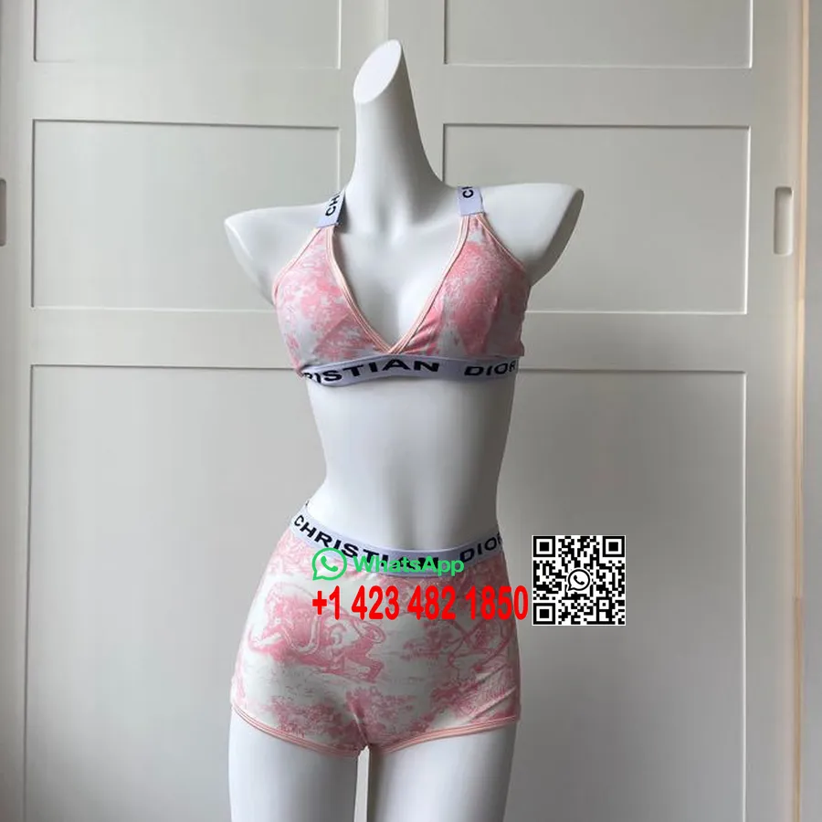 Christian Dior Toile De Jouy Tvådelad Bikini Baddräkt Vår/sommar 2020 Kollektion, Ljusrosa/vit