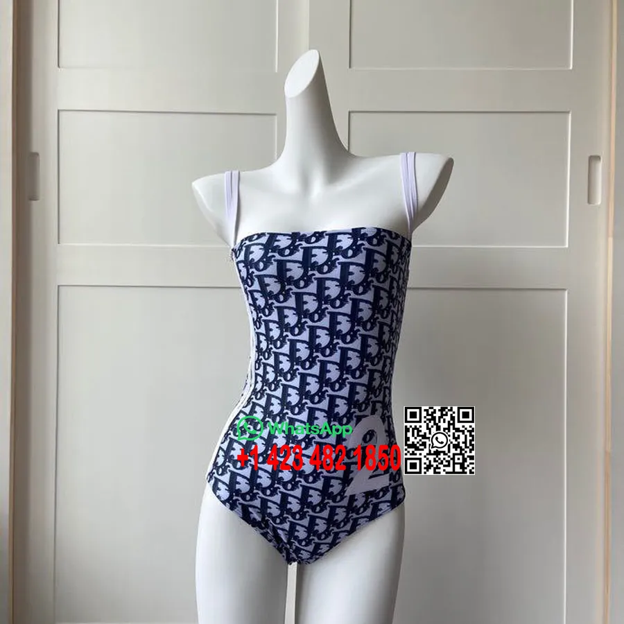 Baju Renang Bikini One Piece Logo CD Christian Dior Koleksi Musim Semi/Musim Panas 2020, Biru/Putih