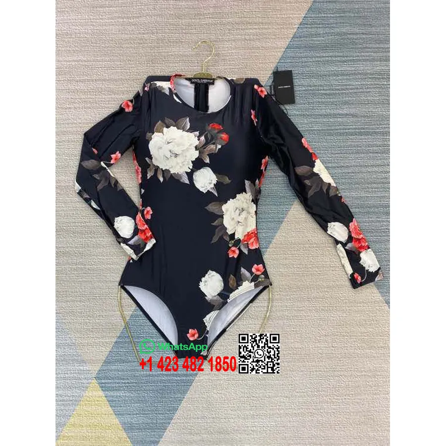 Dolce Gabbana Baju Renang Lengan Panjang One Piece Motif Bunga Koleksi Musim Semi/Musim Panas 2020, Hitam/Emas