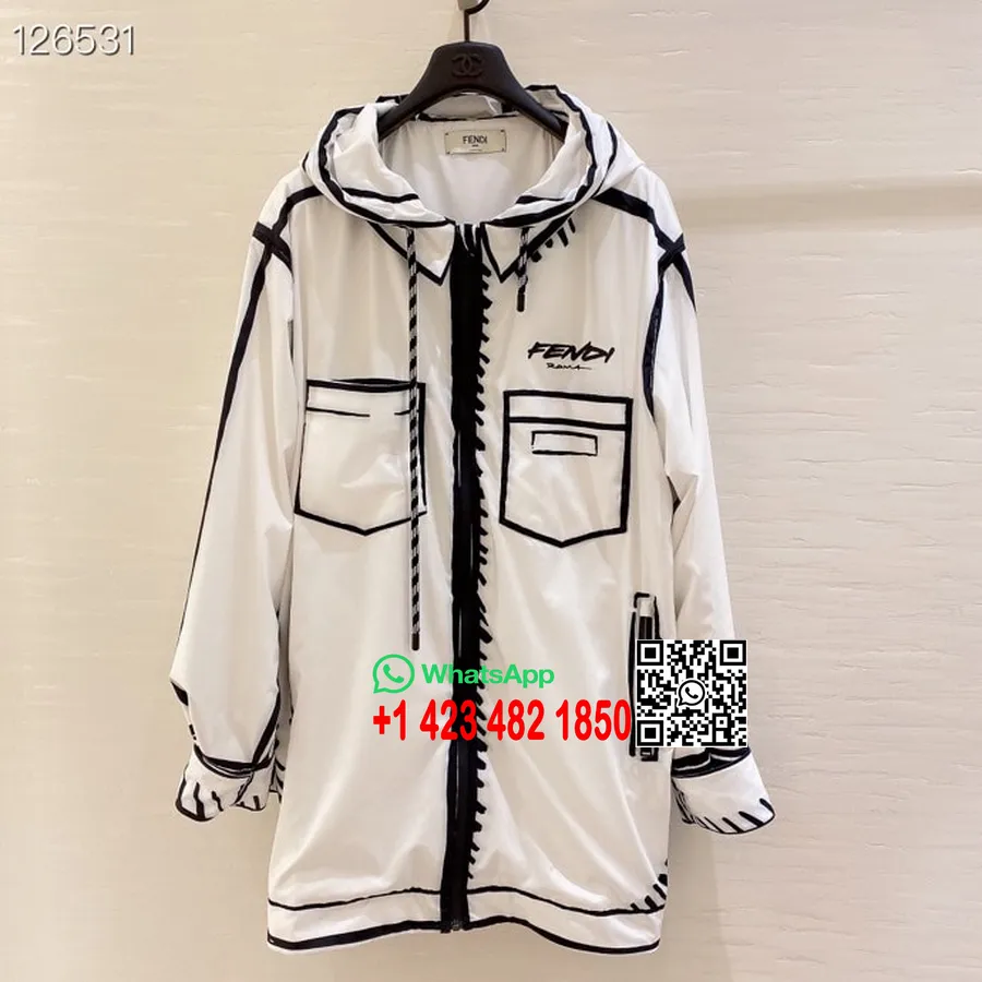 Fendi X California Sky Jaket Penahan Angin Nilon Ringan Koleksi Musim Gugur/dingin 2020, Putih/hitam