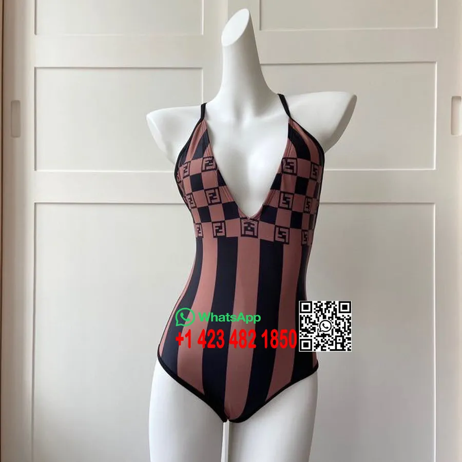 Bañador De Bikini De Una Pieza Con Logo Ff A Rayas De Fendi Colección Primavera/verano 2020, Marrón/negro