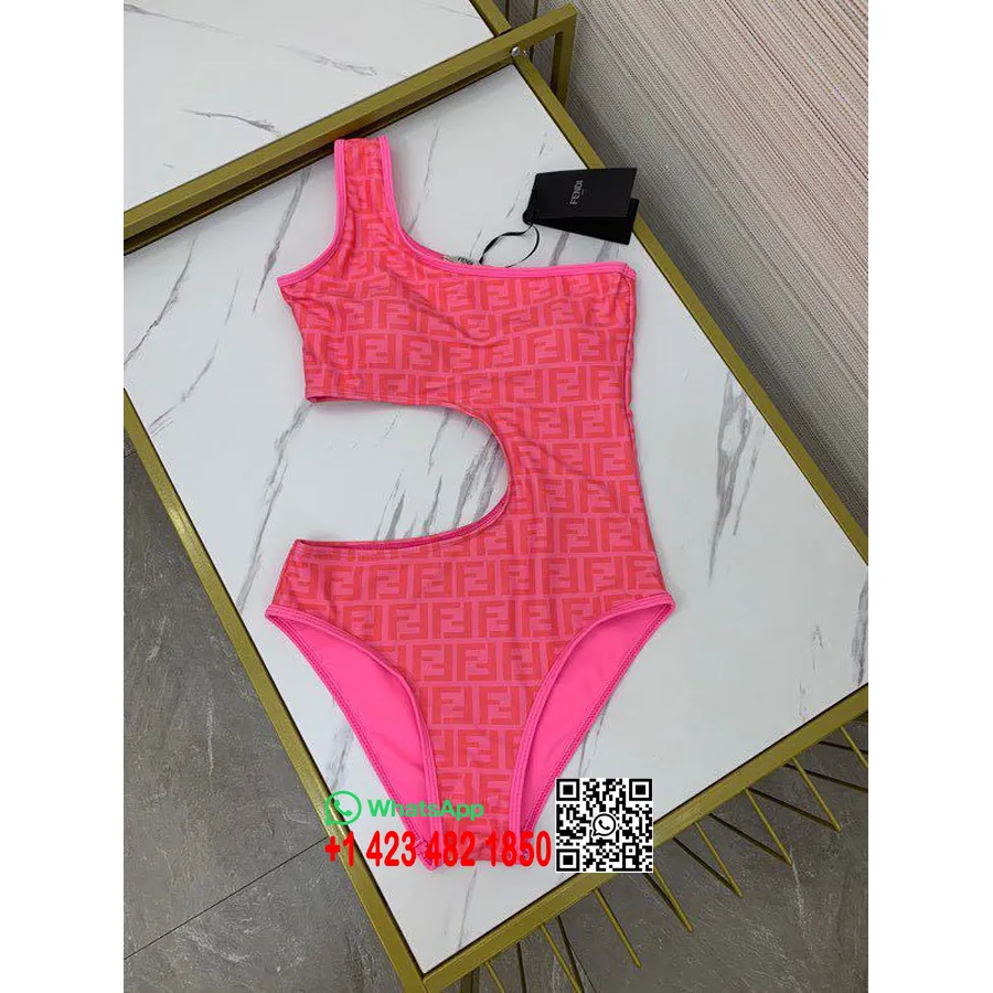 Fendi Ff Logo Cut Out One Shoulder One Piece Bikini Baju Renang Koleksi Musim Semi/musim Panas 2020, Pink