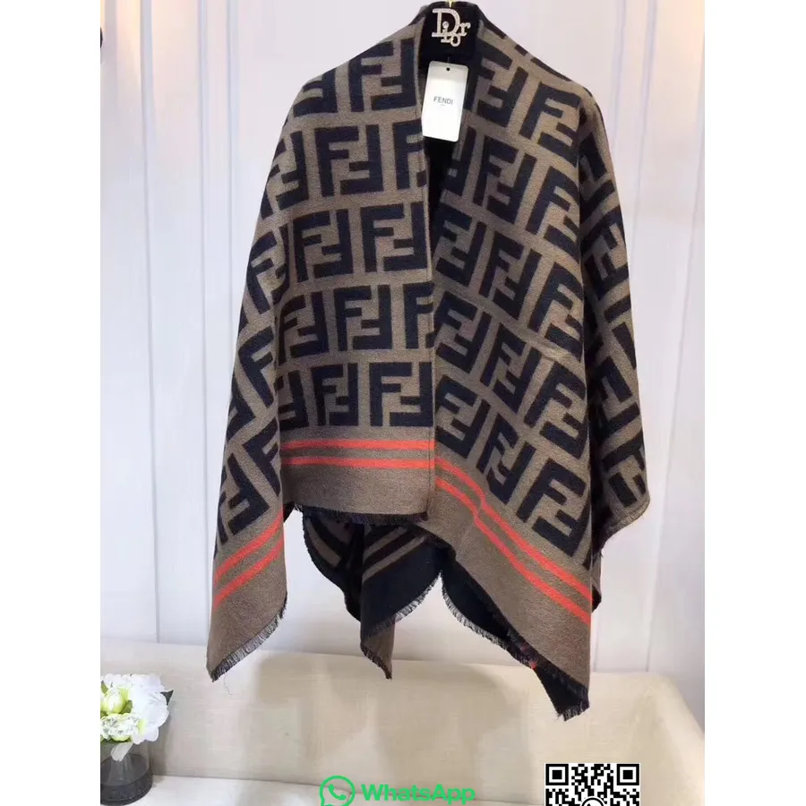 Fendi Ff Poncho Chal/capa Bordado De Lana Y Seda Multicolor Colección Otoño/invierno 2019, Marrón