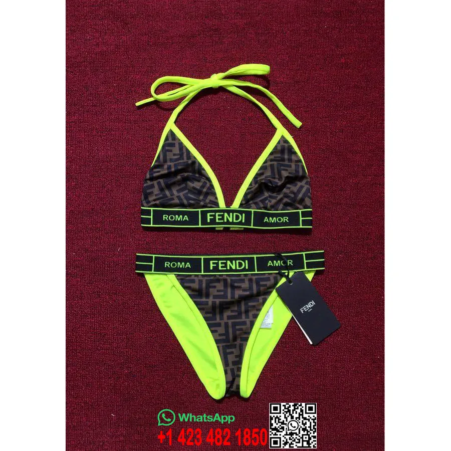 Bañador Bikini De Dos Piezas De Lycra Fendi Roma Amor Colección Primavera/verano 2019, Amarillo Neón