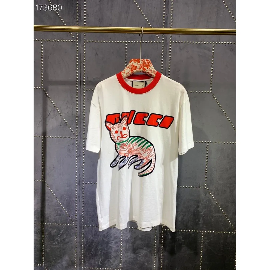 Gucci Kat Grafisk Print Oversized T-shirt Unisex Efterår/vinter 2020 Kollektion, Hvid