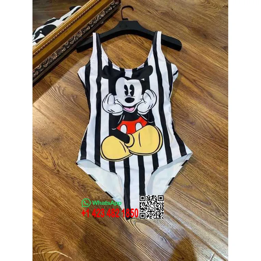 Gucci X Disney Stripe One Piece Print Baddräkt Vår/sommar 2020 Kollektion, Svart/vit