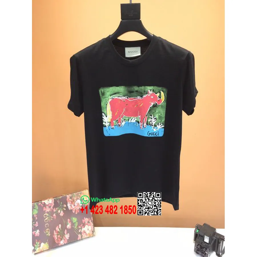 Camiseta Extragrande De Algodón Con Dibujo De Rinoceronte De Gucci, Colección Primavera/verano 2020, Negro