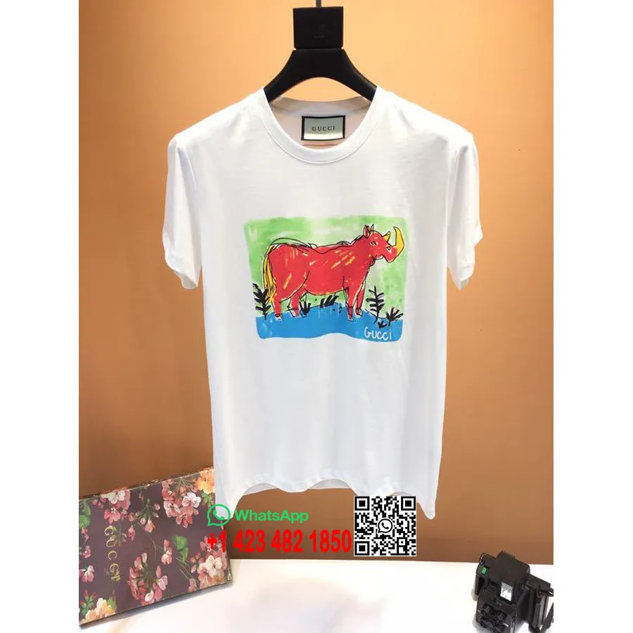 Camiseta Extragrande De Algodón Con Dibujo De Rinoceronte De Gucci, Colección Primavera/verano 2020, Blanco