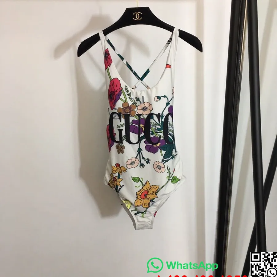 Maillot De Bain Une Pièce Fleuri à Logo Gucci, Collection Printemps/été 2020, Blanc