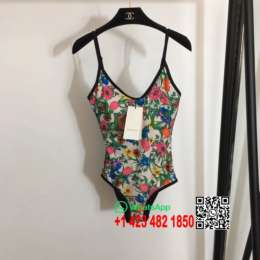 Maillot De Bain Une Pièce Fleuri à Logo Gucci, Collection Printemps/été 2020, Blanc