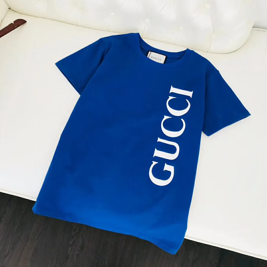 Gucci Vertikal Logo Oversized Bomull T-skjorte Høst/vinter 2019 Kolleksjon, Blå