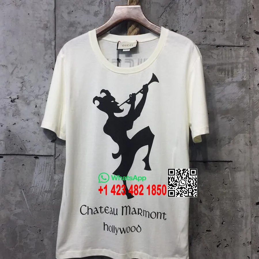 Gucci Chateau Marmont Hotel Print Camiseta Mens Cruise Coleção 2019, Branco