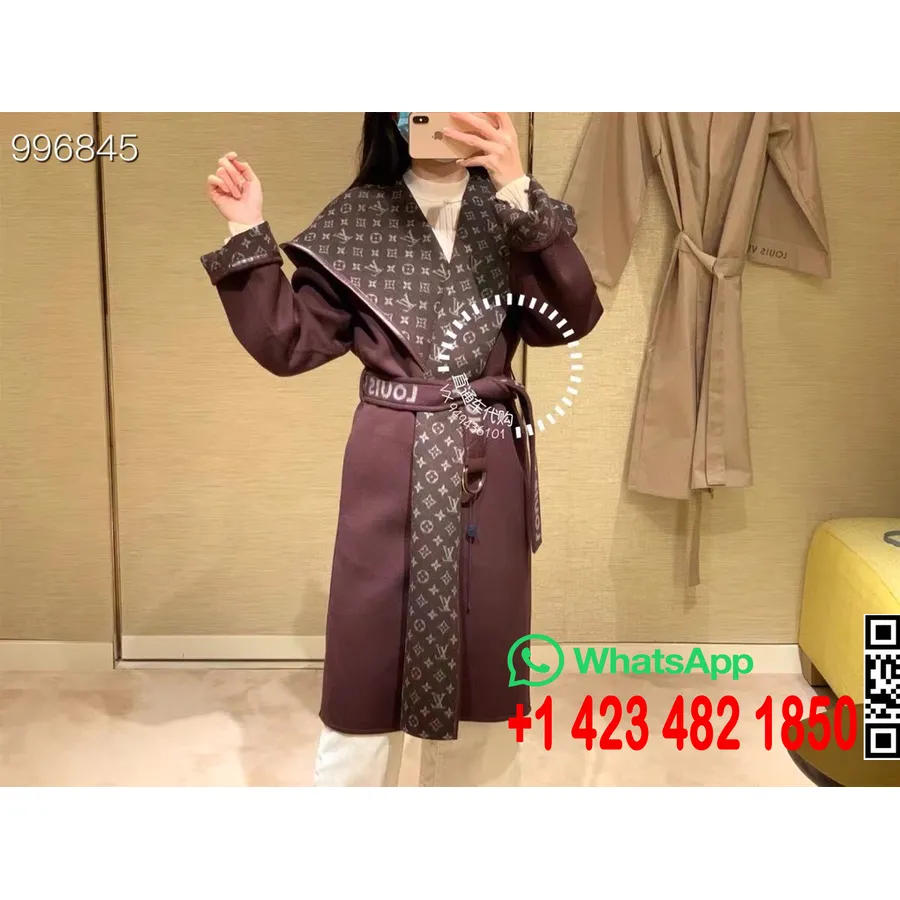 Louis Vuitton Signature Hooded Wrap Double Face Reversible Long Coat Koleksi Musim Gugur/Dingin 2022, Coklat Tua