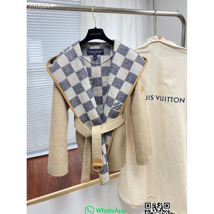 Louis Vuitton Damier Azur Hooded Wrap Double Face Reverzibilen Kratek Plašč Kolekcija Jesen/zima 2022, Slonokoščena