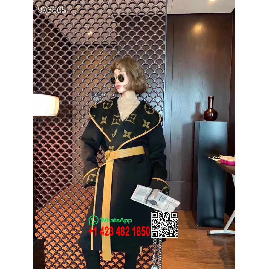 Louis Vuitton Signature Hooded Wrap Big Lv Double Face Réversible Manteau Long Collection Automne/hiver 2022, Camel/marron Foncé