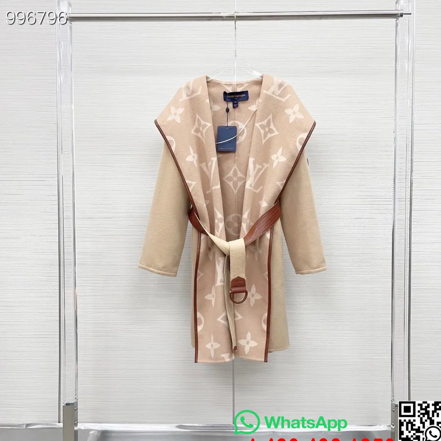 Louis Vuitton Signature Hooded Wrap Big Lv Double Face Mantel Panjang Dapat Dibalik Koleksi Musim Gugur/dingin 2022, Taupe/cokla