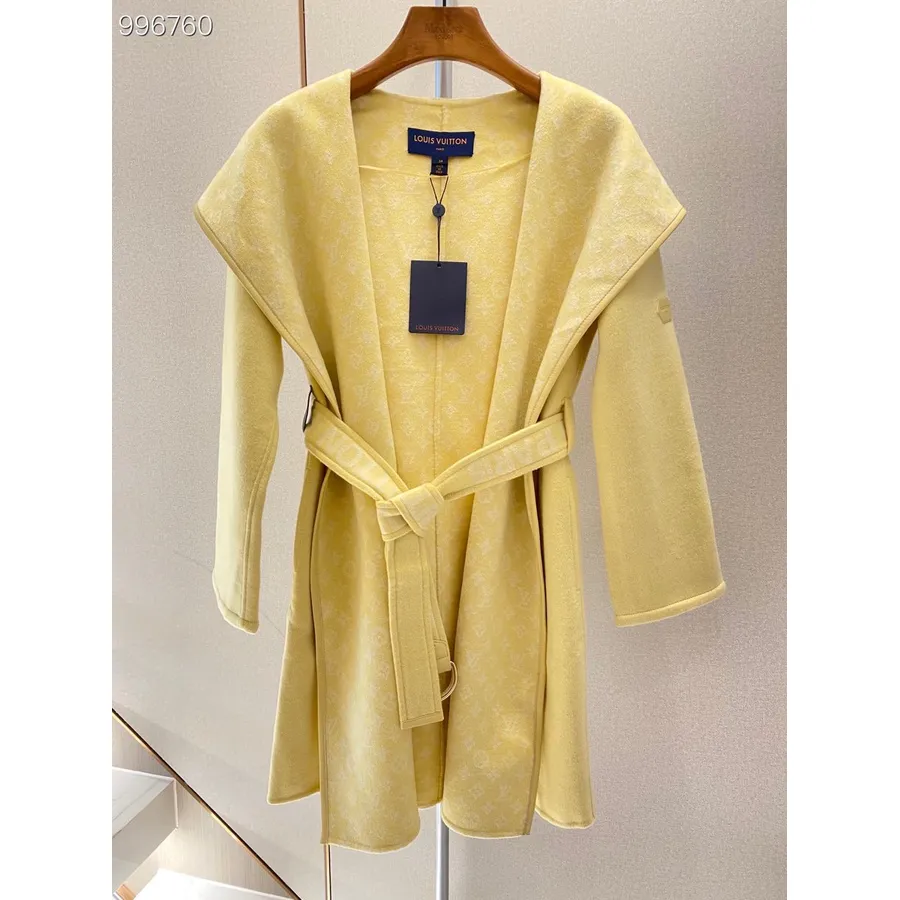 Louis Vuitton Signature Hooded Wrap Double Face Reversible Long Coat Koleksi Musim Gugur/Dingin 2022, Kuning Pastel