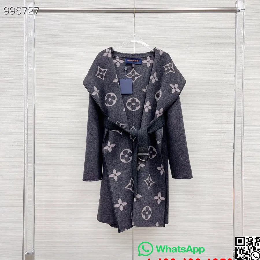 Louis Vuitton Signature Hooded Wrap Lv Besar Wajah Ganda Mantel Panjang Dapat Dibalik Koleksi Musim Gugur/dingin 2022, Abu-abu T