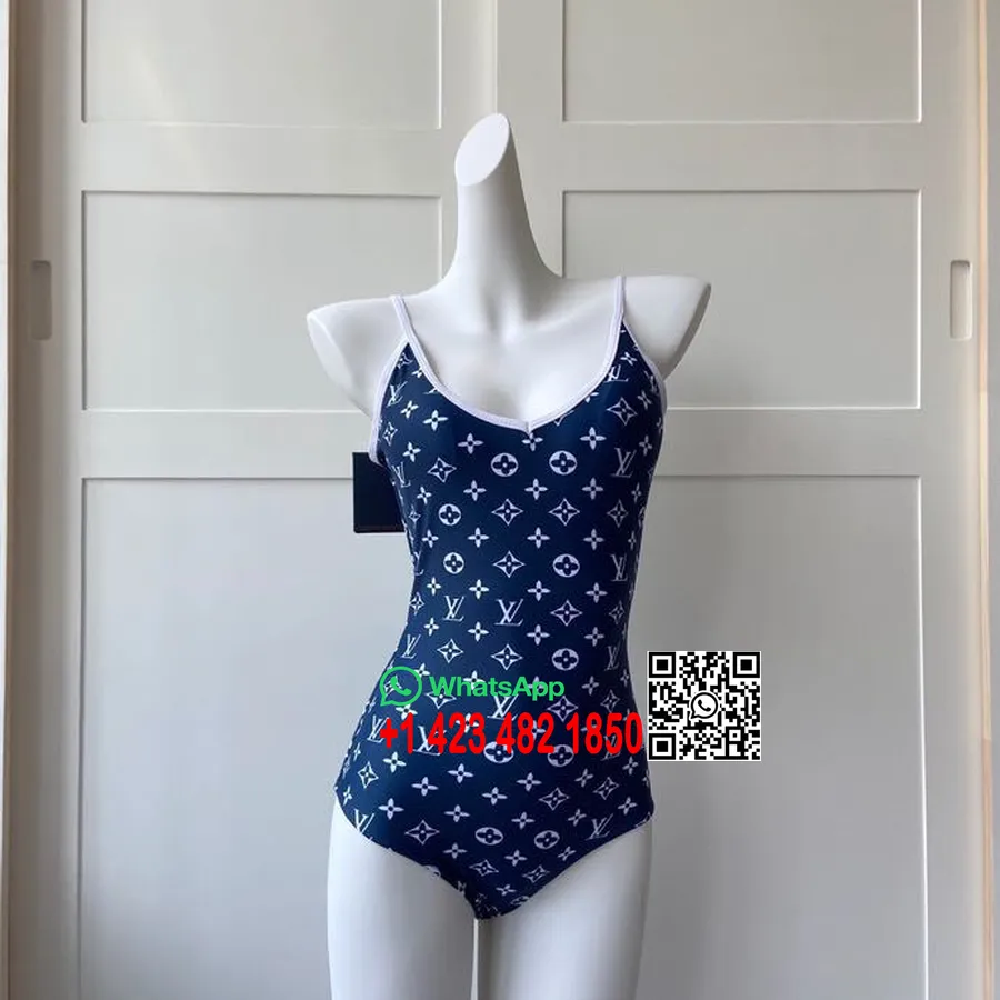 Costume Intero Bikini A Vita Alta Louis Vuitton, Collezione Primavera/estate 2020, Blu/bianco