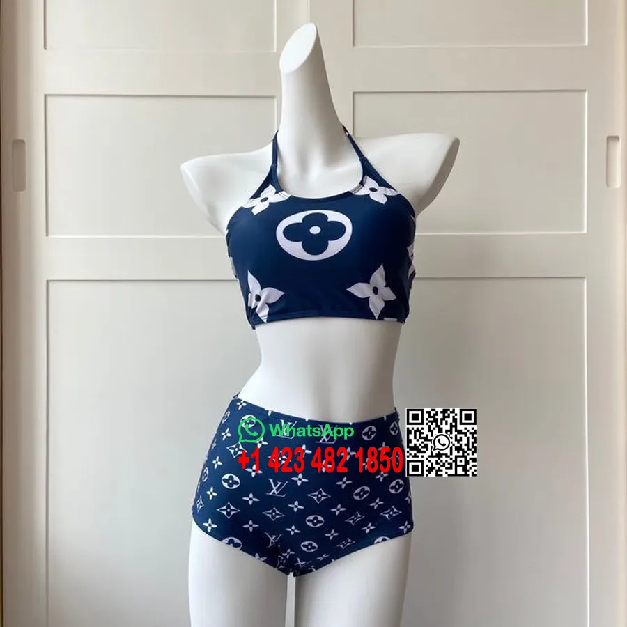 Costume Da Bagno Bikini A Due Pezzi A Vita Alta Louis Vuitton, Collezione Primavera/estate 2020, Blu/bianco